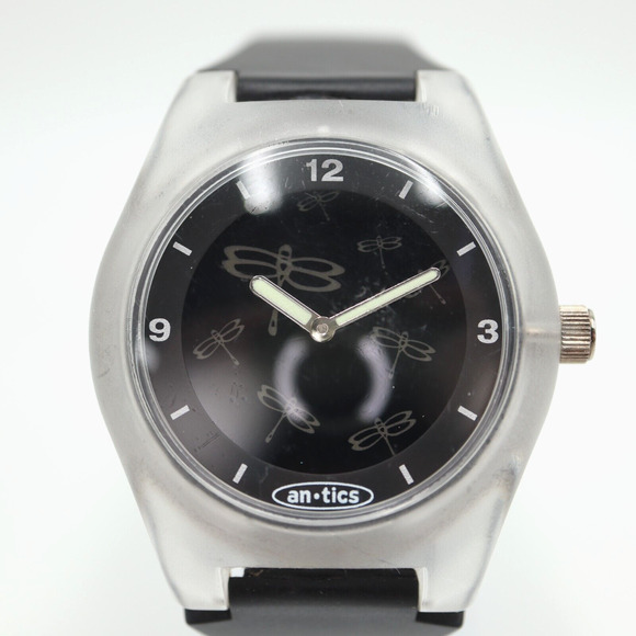 Vintage AnTics Animation Watch 39mm Dragonfly Dial Clear Case Black Resin Strap - Picture 1 of 16